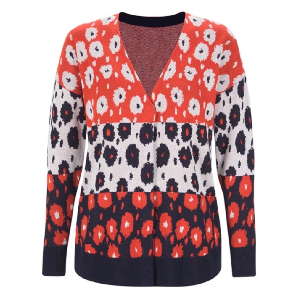 CAbi Upbeat cardigan sweater 6163 snap black red white 100% cotton floral small